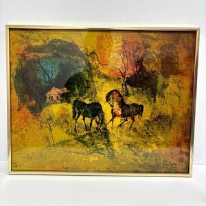 Vintage Abstract Horses Lithograph Print by Lebadang Signed Framed 19x15"